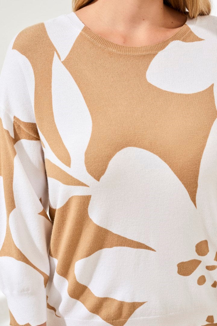 Tribal 3/4 sleeve crew neck sweater in sesame with white floral print