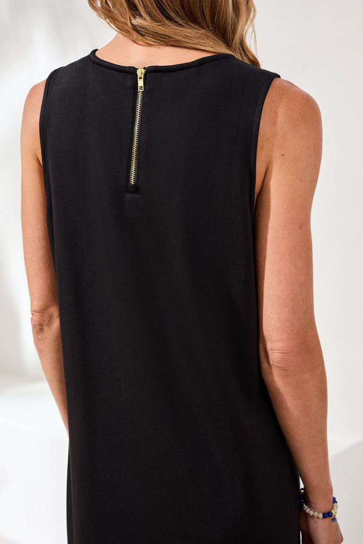 Black sleeveless shift dress with gold back zipper detail