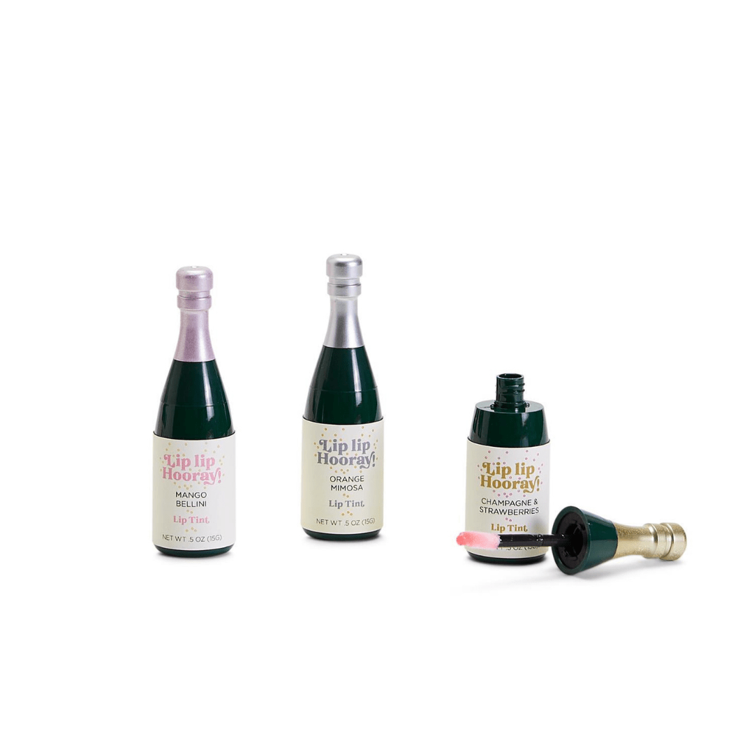 Lip Lip Hooray champagne bottle shaped lip tints in multiple flavors with green bottles
