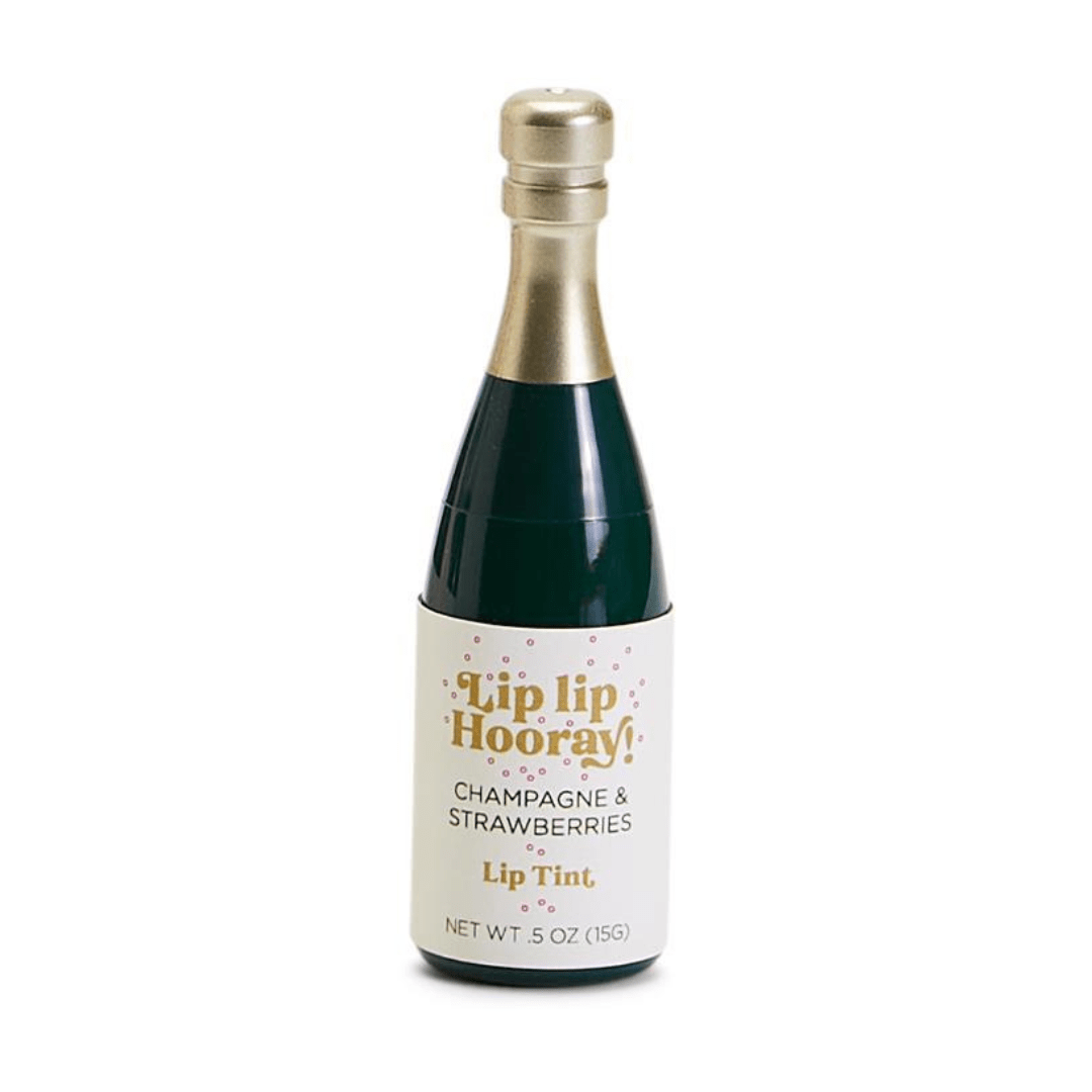 Champagne bottle shaped lip tint in dark green with gold foil top