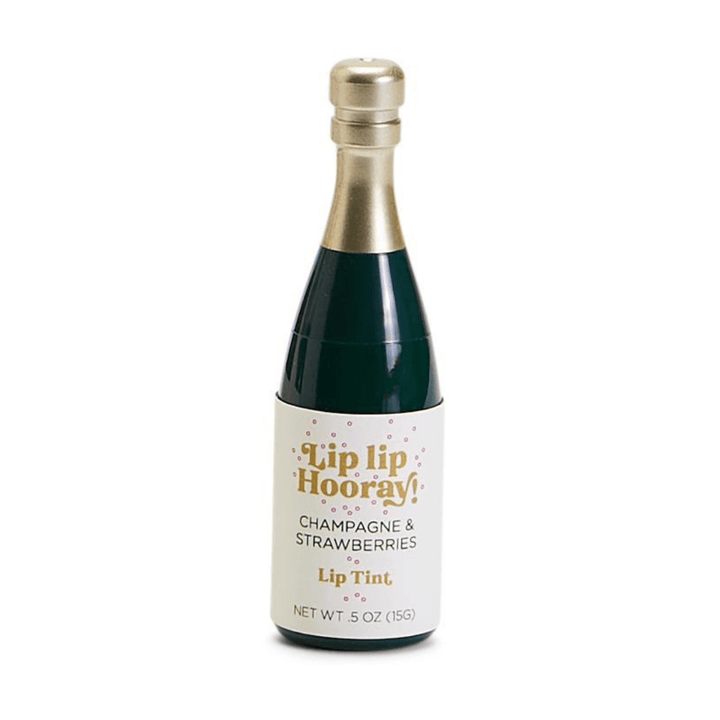 Champagne bottle shaped lip tint in dark green with gold foil top