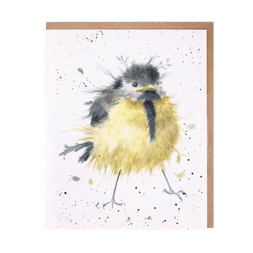 Wrendale greeting card featuring fluffy yellow and gray bird watercolor illustration with kraft envelope