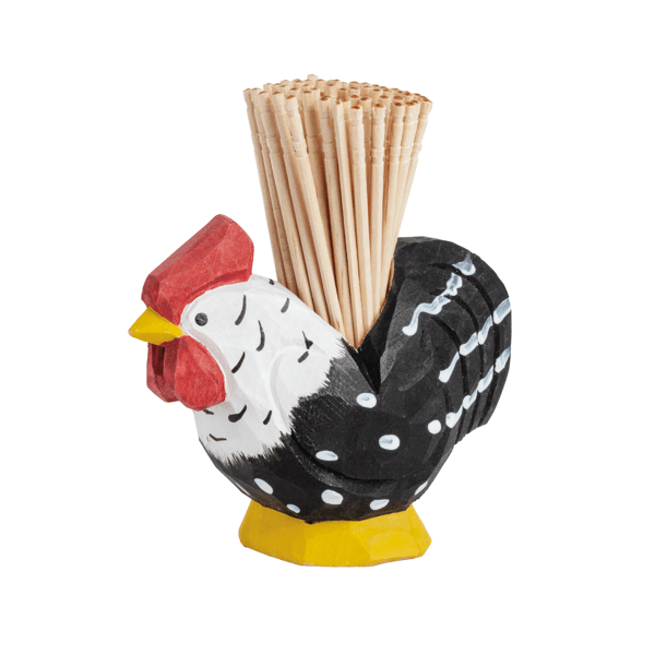 Mud Pie wooden toothpick holder shaped like black and white spotted rooster