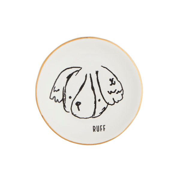 Mud Pie pet trinket tray with gold rim featuring cute dog illustration and &
