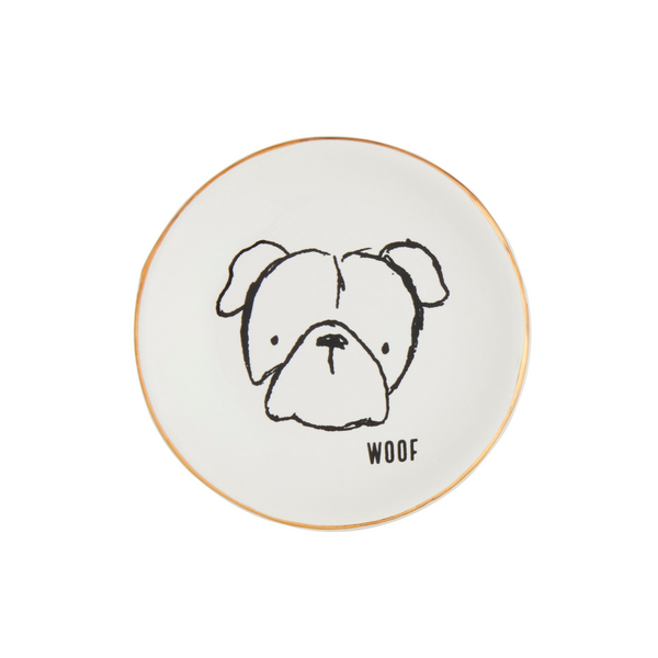 White ceramic trinket tray with orange rim featuring bulldog face illustration and WOOF text