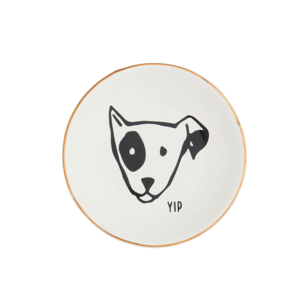 Mud Pie pet trinket tray in Yip design featuring dog illustration with orange rim