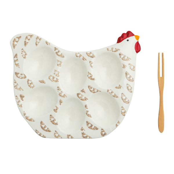 Cream speckled ceramic rooster-shaped deviled egg plate with wooden fork by Mud Pie