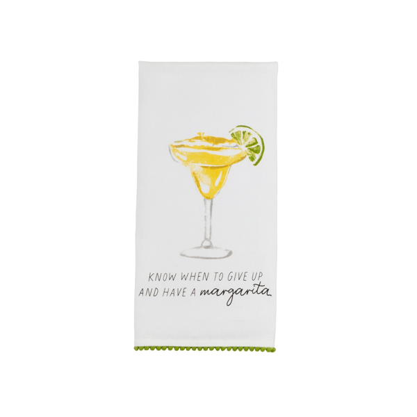 Mud Pie art towel featuring yellow margarita cocktail with lime garnish design