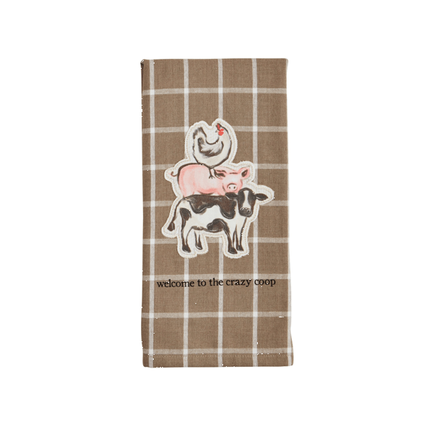 Brown checkered kitchen towel with stacked farm animals and welcome text