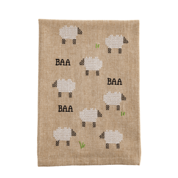 Mud Pie needlepoint towel featuring white sheep cross-stitch design with BAA text on beige background