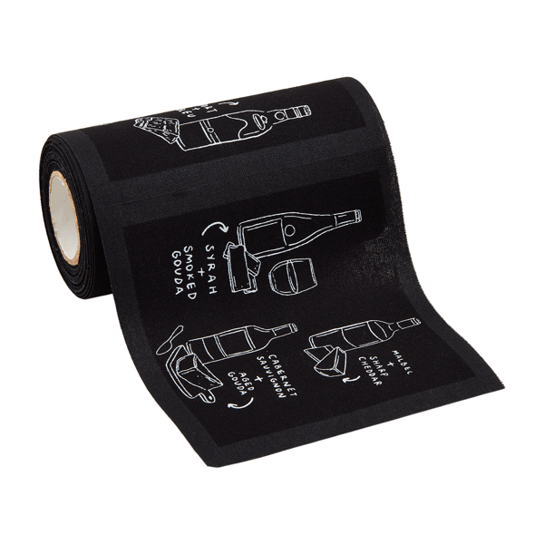 Black cocktail napkin roll with white cocktail recipe illustrations and text