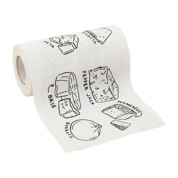 Mud Pie cocktail napkin roll in natural color with illustrated cheese designs