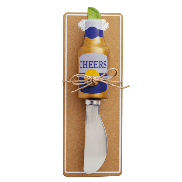 Mud Pie ceramic drink spreader with orange bottle handle featuring &