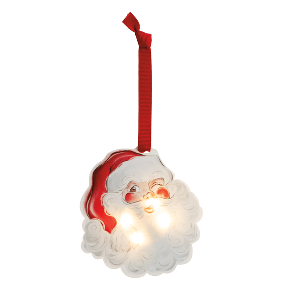 Illuminated acrylic Santa face Christmas ornament with red ribbon hanger