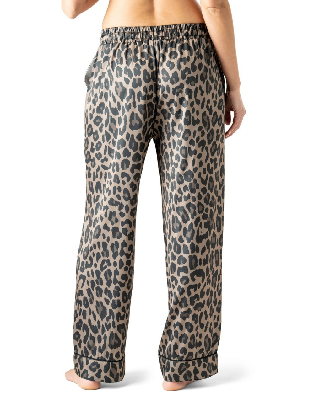 Hello Mello satin pajama pants in leopard print pattern with elastic waistband