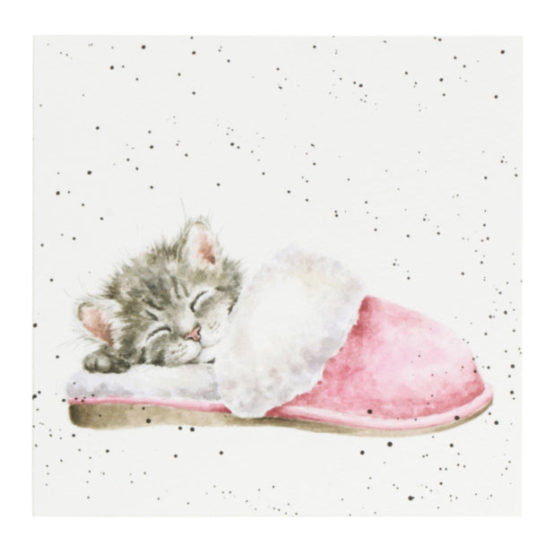 Wrendale greeting card featuring watercolor illustration of sleeping gray kitten in pink slipper