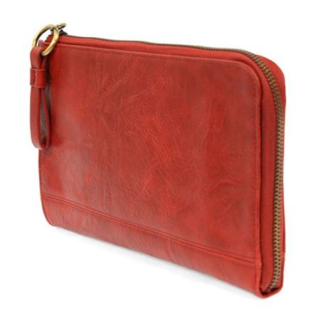Red vegan leather wristlet wallet with gold-tone zipper and ring pull