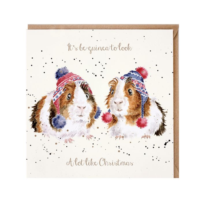 Wrendale Designs Christmas card featuring two illustrated guinea pigs wearing festive bobble hats