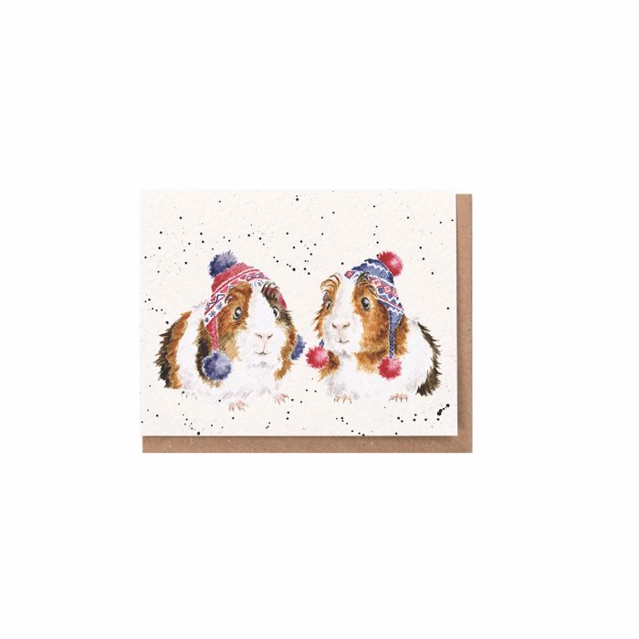 Wrendale Designs Christmas card featuring two guinea pigs wearing colorful Nordic pom-pom hats