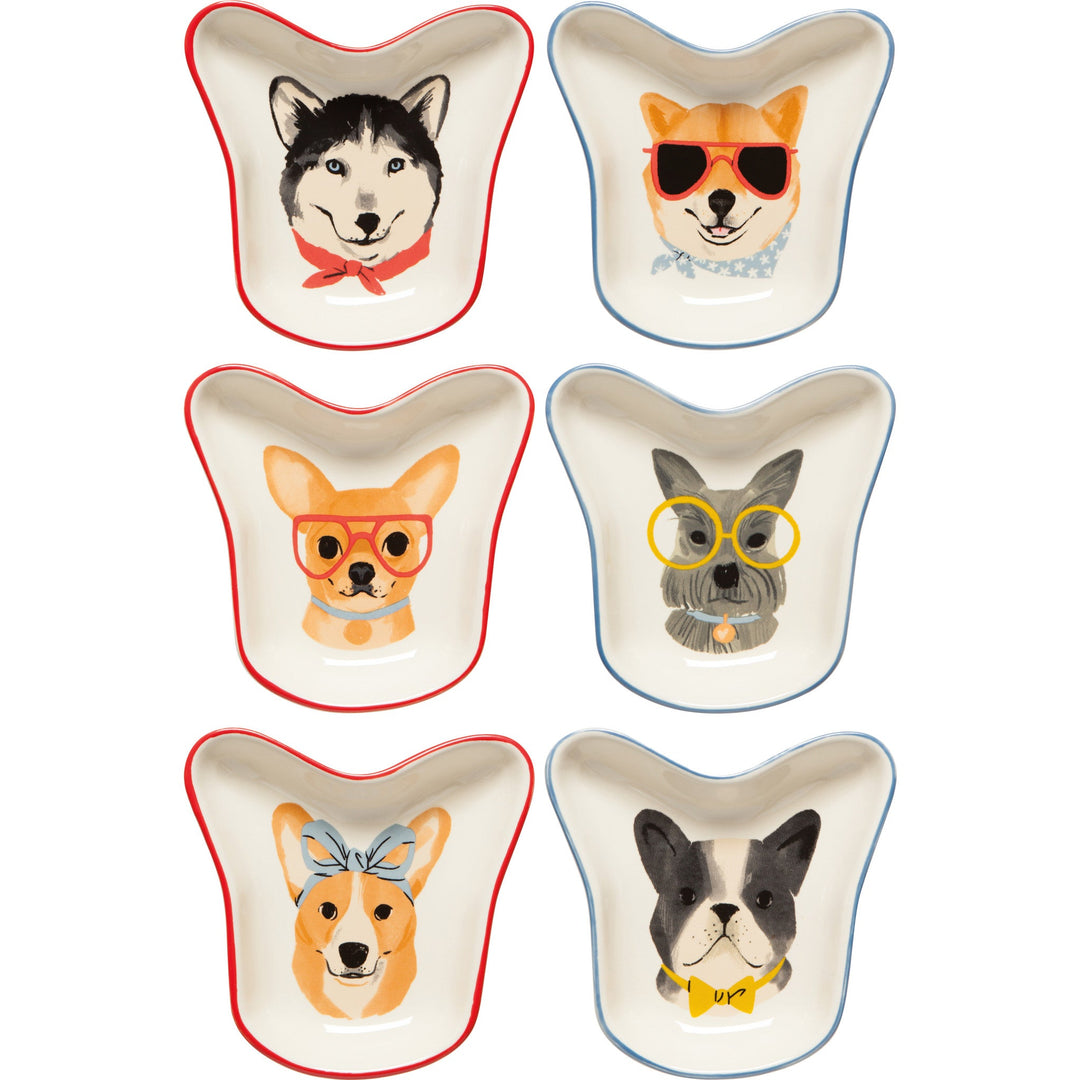 Six ceramic pinch bowls featuring illustrated dogs with accessories in Uptown Dogs pattern