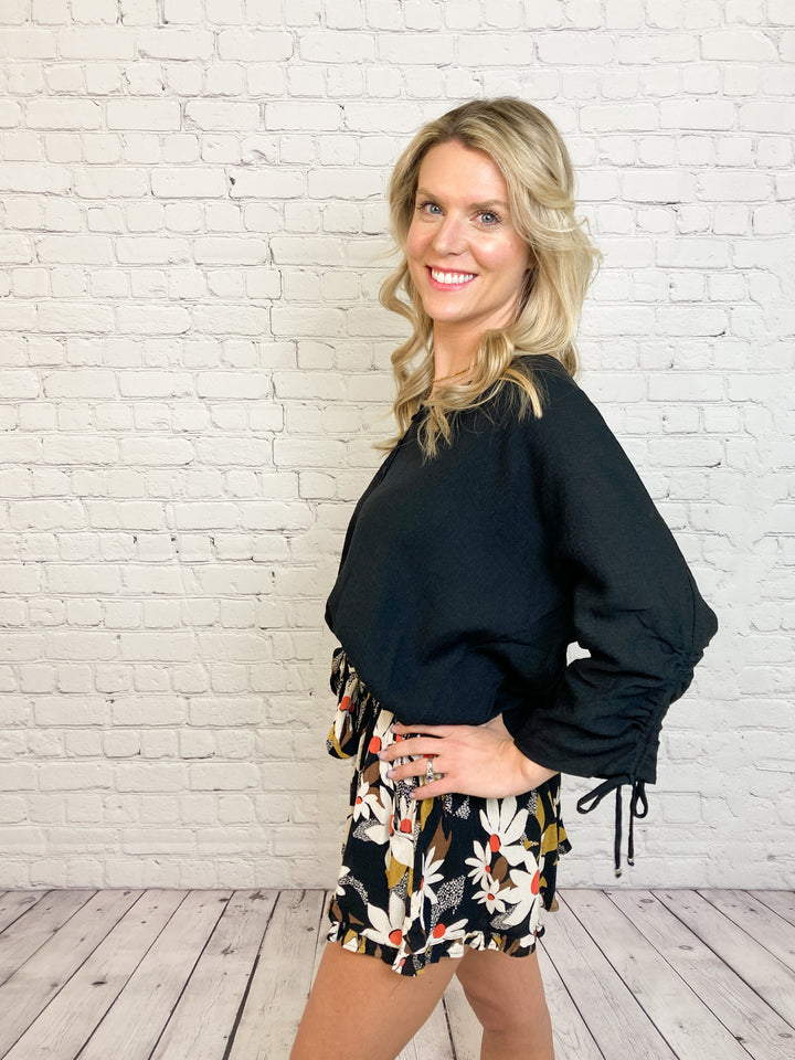 V-neck shirred sleeve top