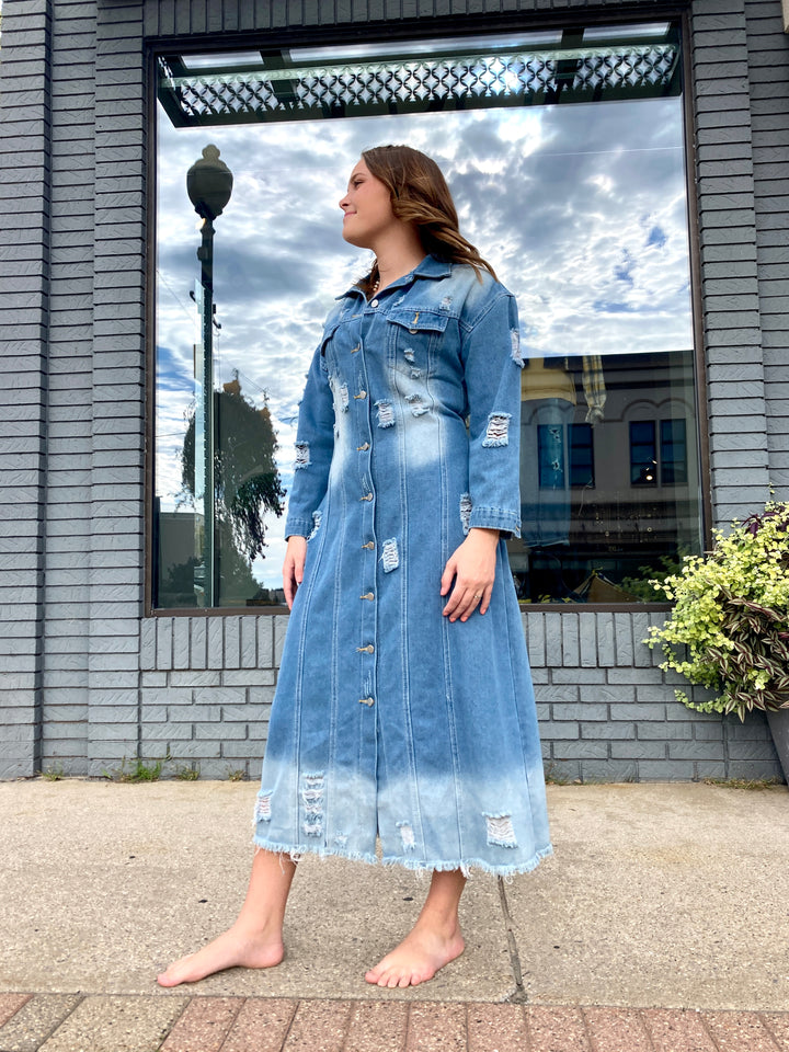 long distressed denim jacket