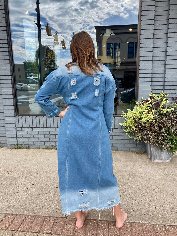 long distressed denim jacket