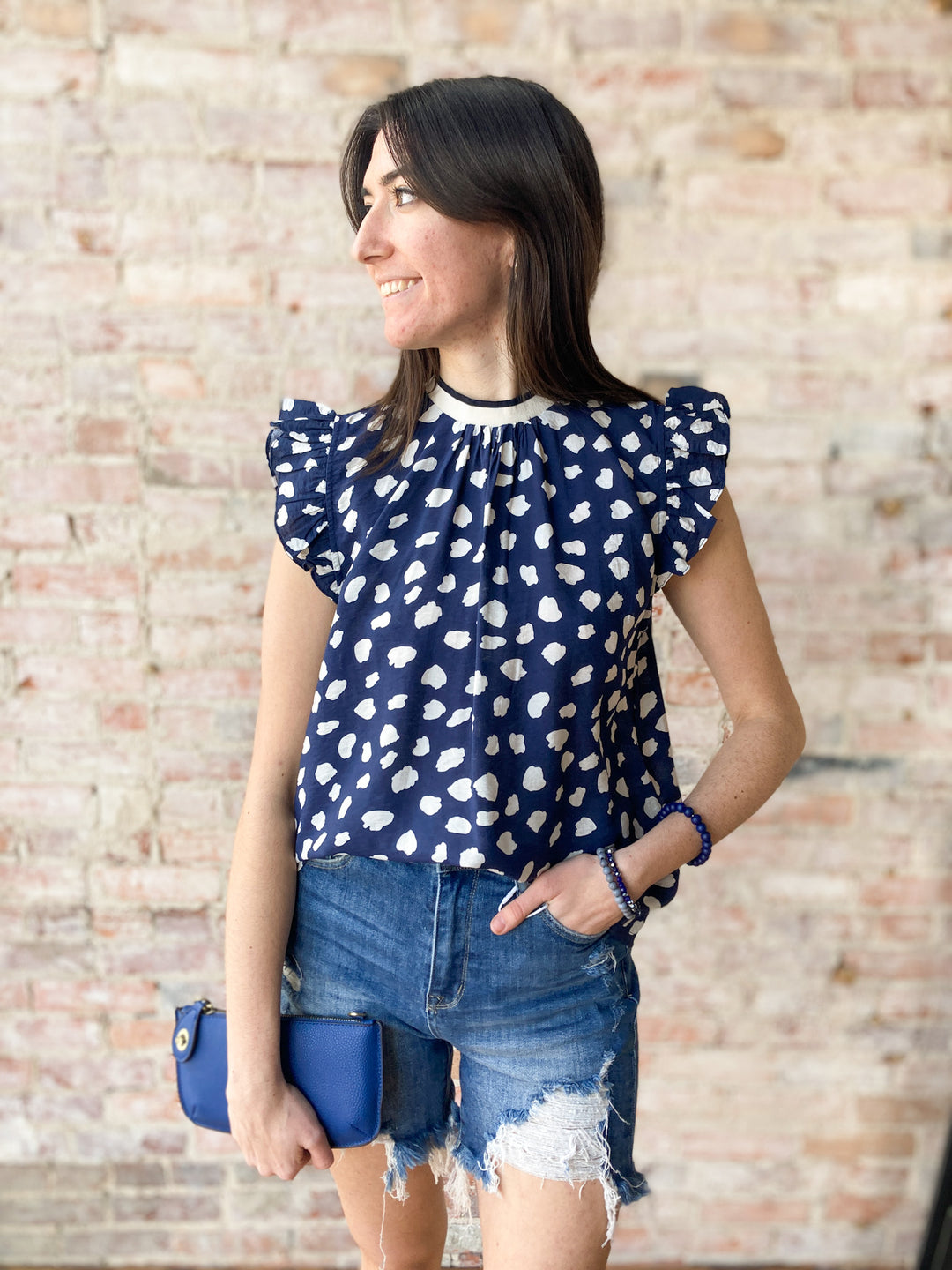 spotted flutter sleeve top