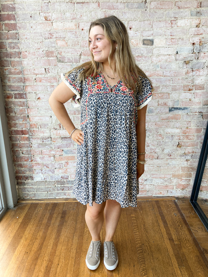cheetah print embroidered dress