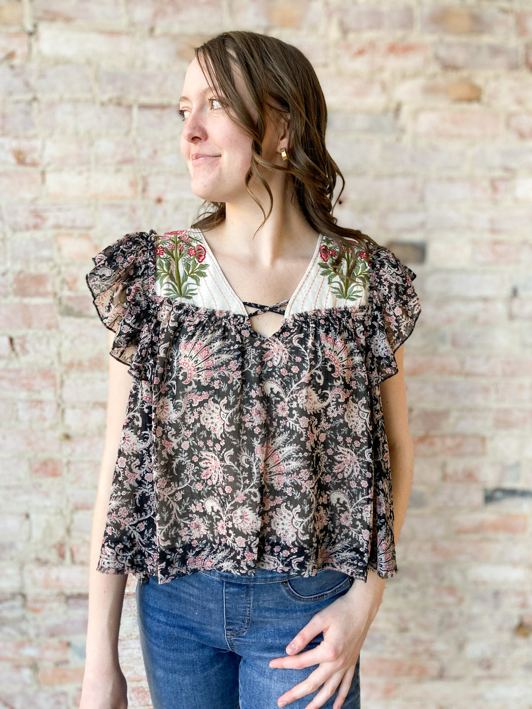 embroidered print top