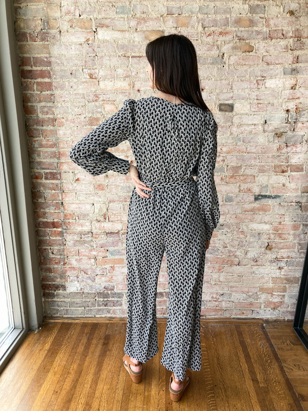 geometry print belted jumpsuit