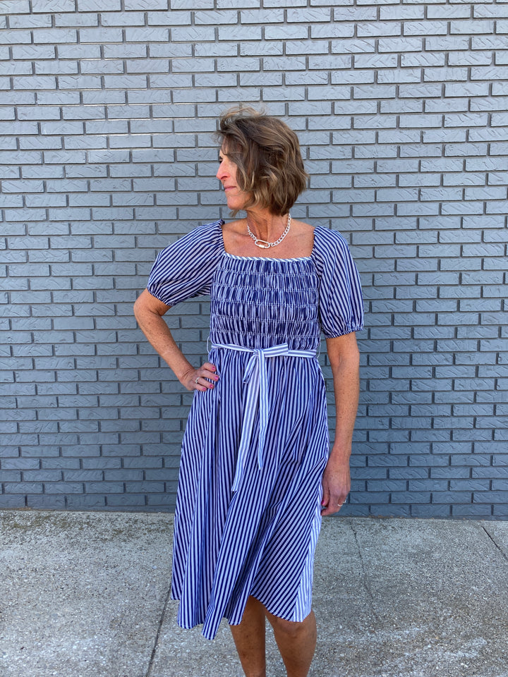 stripe smocking belted dress