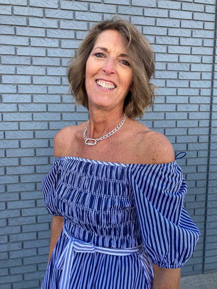 stripe smocking belted dress