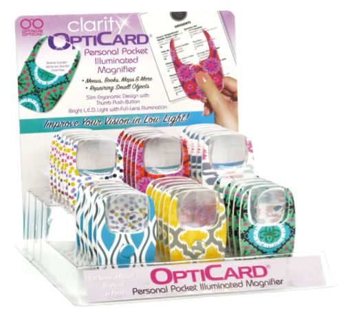 Clarity OptiCard pocket illuminated magnifiers display, assorted colorful patterned designs, 12-count