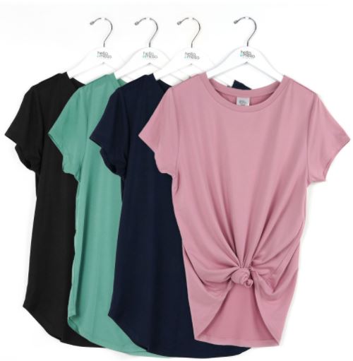 Four crewneck tees in black, teal, navy, and pink with front knot detail on hangers