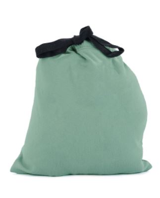 Green fabric drawstring pouch bag with black tie closure
