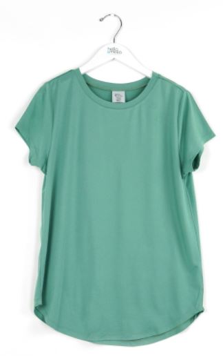 Sage green short sleeve crewneck t-shirt with curved hem on hanger