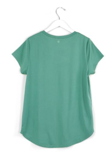 Solid teal green crewneck short sleeve t-shirt with curved hem, back view