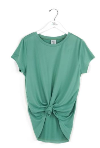 Sage green crewneck tee with front twist knot detail, short sleeves, on hanger