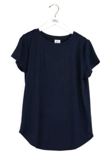 Navy blue short sleeve crewneck tee with curved hem, displayed on hanger