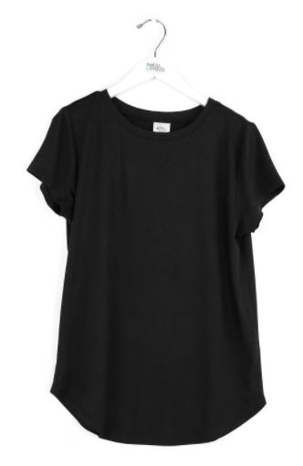 Black short sleeve crewneck tee with curved hem, shown on hanger
