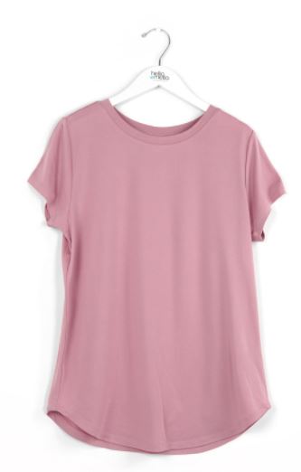 Dusty pink short-sleeve crewneck tee with curved hem on white hanger