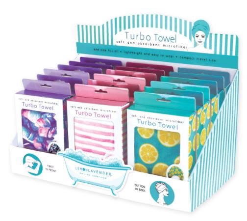 Turbo Towel microfiber hair towels display with lemon, floral, and stripe patterns