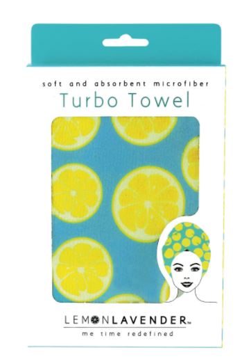 Lemon Lavender microfiber Turbo Towel with yellow lemon slice pattern on teal background