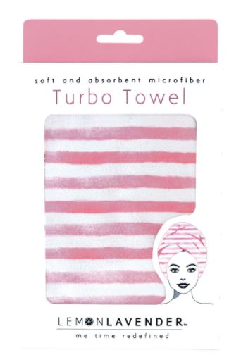 Pink and white striped microfiber turbo hair towel by Lemon Lavender